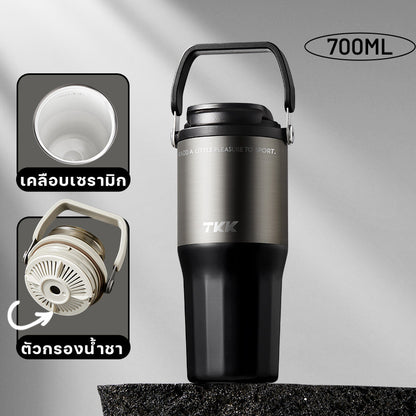 TKK แก้วน้ำเก็บความเย็น 700ml สำหรับใส่กาแฟ สแตนเลส 316 เคลือบเซรามิค พร้อมหลอดดูดและยกดื่ม  2in1 (Copy)