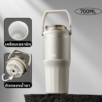 TKK แก้วน้ำเก็บความเย็น 700ml สำหรับใส่กาแฟ สแตนเลส 316 เคลือบเซรามิค พร้อมหลอดดูดและยกดื่ม  2in1 (Copy)