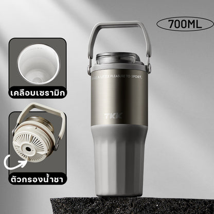 TKK แก้วน้ำเก็บความเย็น 700ml สำหรับใส่กาแฟ สแตนเลส 316 เคลือบเซรามิค พร้อมหลอดดูดและยกดื่ม  2in1 (Copy)
