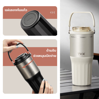 TKK แก้วน้ำเก็บความเย็น 700ml สำหรับใส่กาแฟ สแตนเลส 316 เคลือบเซรามิค พร้อมหลอดดูดและยกดื่ม  2in1 (Copy)