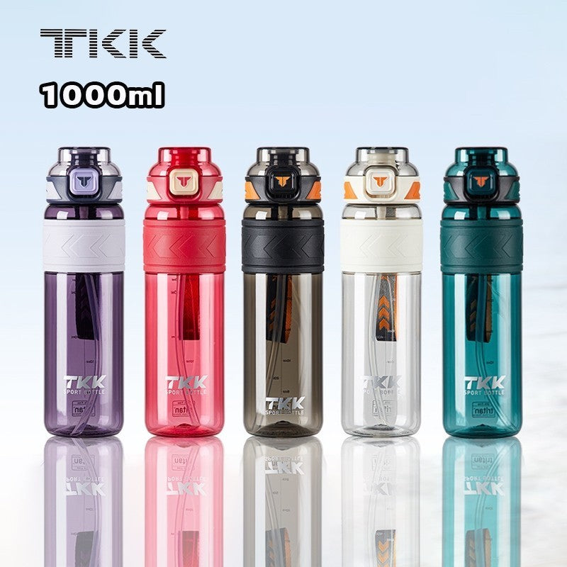 TKK ขวดน้ำ 1000ml พร้อมหลอดดูด ยกดื่ม 2in1 วัสดุ tritan bpa free ความจุใหญ่ พกพาง่าย คว่ำได้กันรั่ว