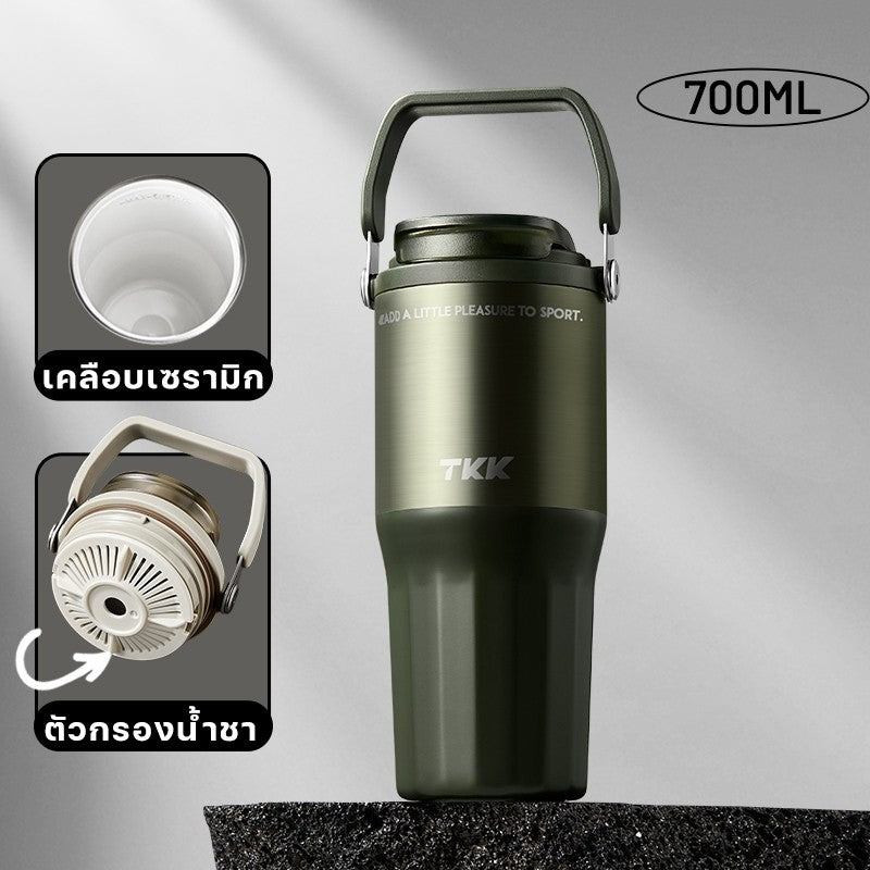 TKK แก้วน้ำเก็บความเย็น 700ml สำหรับใส่กาแฟ สแตนเลส 316 เคลือบเซรามิค พร้อมหลอดดูดและยกดื่ม  2in1 (Copy)