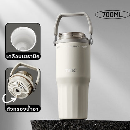 TKK แก้วน้ำเก็บความเย็น 700ml สำหรับใส่กาแฟ สแตนเลส 316 เคลือบเซรามิค พร้อมหลอดดูดและยกดื่ม  2in1 (Copy)