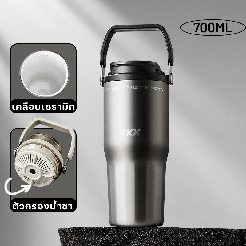 TKK แก้วน้ำเก็บความเย็น 700ml สำหรับใส่กาแฟ สแตนเลส 316 เคลือบเซรามิค พร้อมหลอดดูดและยกดื่ม  2in1 (Copy)