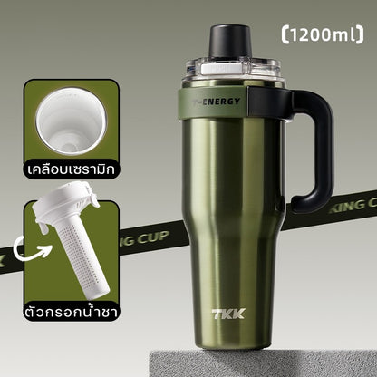 TKK แก้วเก็บความเย็น 1200ml พร้อมหลอดดูด แก้วกาแฟเคลือบเซรามิก กระติกน้ำแบบมีหูจับ สแตนเลส 316