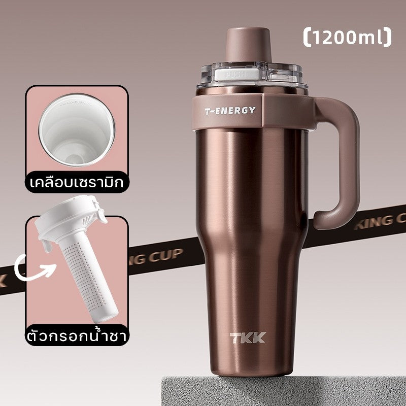 TKK แก้วเก็บความเย็น 1200ml พร้อมหลอดดูด แก้วกาแฟเคลือบเซรามิก กระติกน้ำแบบมีหูจับ สแตนเลส 316