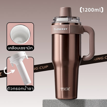 TKK แก้วเก็บความเย็น 1200ml พร้อมหลอดดูด แก้วกาแฟเคลือบเซรามิก กระติกน้ำแบบมีหูจับ สแตนเลส 316