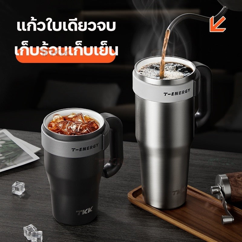 TKK แก้วเก็บความเย็น 1200ml พร้อมหลอดดูด แก้วกาแฟเคลือบเซรามิก กระติกน้ำแบบมีหูจับ สแตนเลส 316