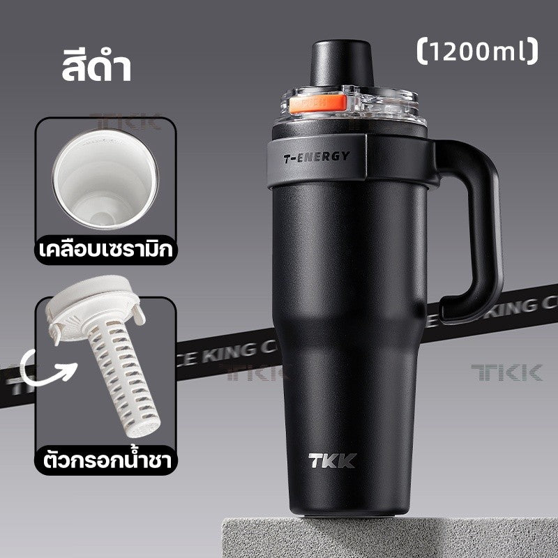 TKK แก้วเก็บความเย็น 1200ml พร้อมหลอดดูด แก้วกาแฟเคลือบเซรามิก กระติกน้ำแบบมีหูจับ สแตนเลส 316