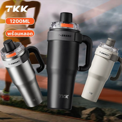 TKK แก้วเก็บความเย็น 1200ml พร้อมหลอดดูด แก้วกาแฟเคลือบเซรามิก กระติกน้ำแบบมีหูจับ สแตนเลส 316