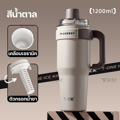 TKK แก้วเก็บความเย็น 1200ml พร้อมหลอดดูด แก้วกาแฟเคลือบเซรามิก กระติกน้ำแบบมีหูจับ สแตนเลส 316