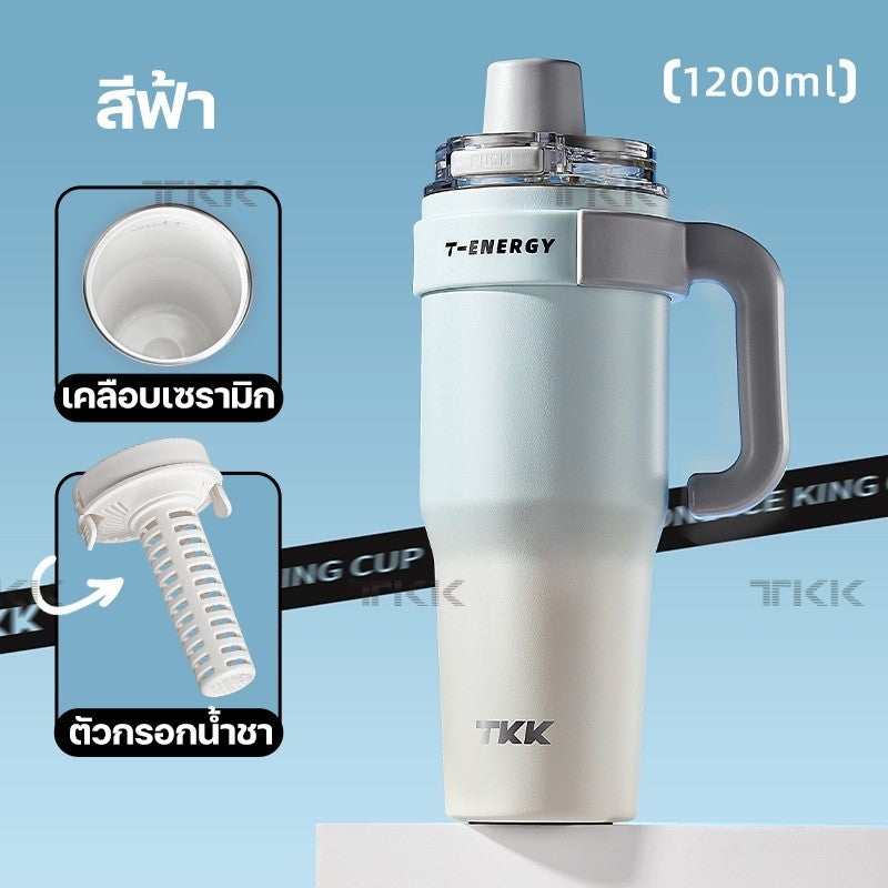 TKK แก้วเก็บความเย็น 1200ml พร้อมหลอดดูด แก้วกาแฟเคลือบเซรามิก กระติกน้ำแบบมีหูจับ สแตนเลส 316