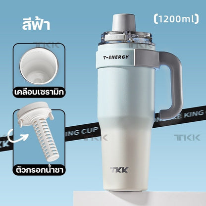 TKK แก้วเก็บความเย็น 1200ml พร้อมหลอดดูด แก้วกาแฟเคลือบเซรามิก กระติกน้ำแบบมีหูจับ สแตนเลส 316
