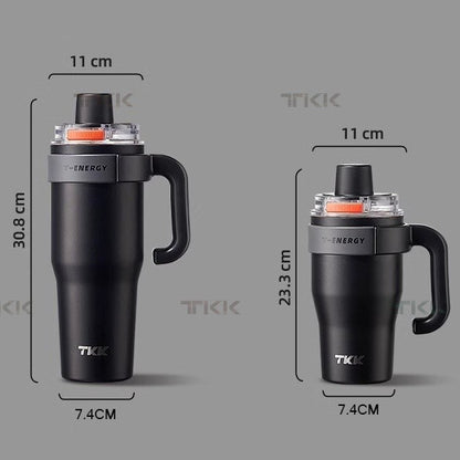 TKK แก้วเก็บความเย็น 1200ml พร้อมหลอดดูด แก้วกาแฟเคลือบเซรามิก กระติกน้ำแบบมีหูจับ สแตนเลส 316