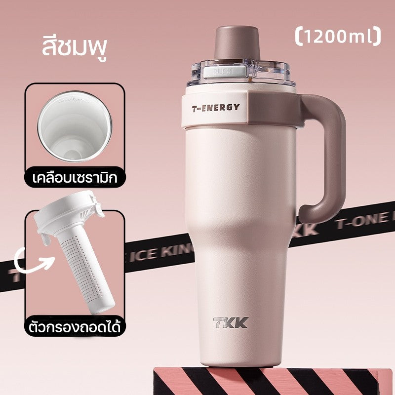 TKK แก้วเก็บความเย็น 1200ml พร้อมหลอดดูด แก้วกาแฟเคลือบเซรามิก กระติกน้ำแบบมีหูจับ สแตนเลส 316