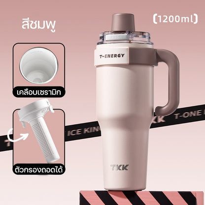 TKK แก้วเก็บความเย็น 1200ml พร้อมหลอดดูด แก้วกาแฟเคลือบเซรามิก กระติกน้ำแบบมีหูจับ สแตนเลส 316