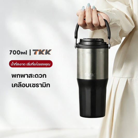 TKK แก้วน้ำเก็บความเย็น 700ml สำหรับใส่กาแฟ สแตนเลส 316 เคลือบเซรามิค พร้อมหลอดดูดและยกดื่ม  2in1 (Copy)